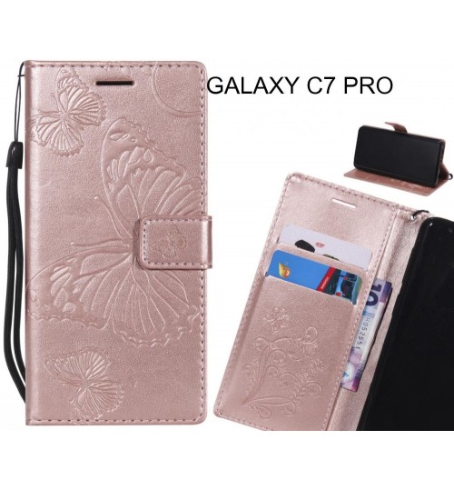 Galaxy C7 Pro Case Embossed Butterfly Wallet Leather Case - Rose Gold