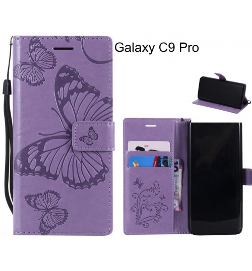 Galaxy C9 Pro Case Embossed Butterfly Wallet Leather Case - Purple