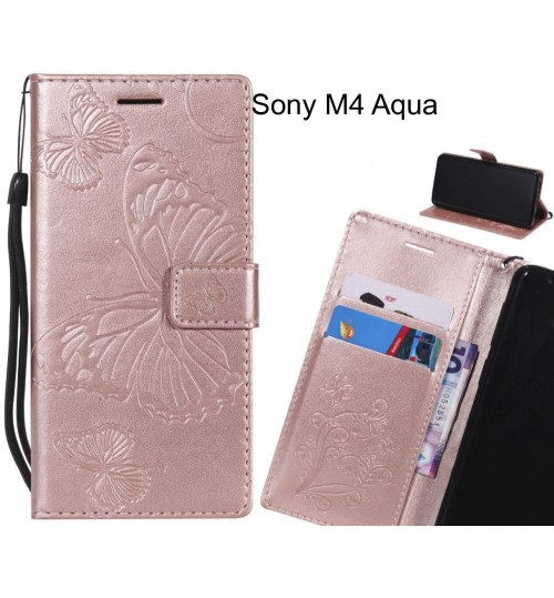 Sony M4 Aqua Case Embossed Butterfly Wallet Leather Case - Rose Gold