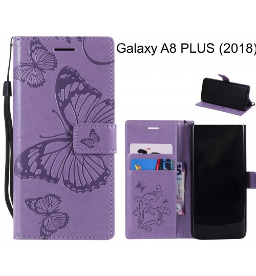 Galaxy A8 Plus (2018) Case Embossed Butterfly Wallet Leather Case - Purple