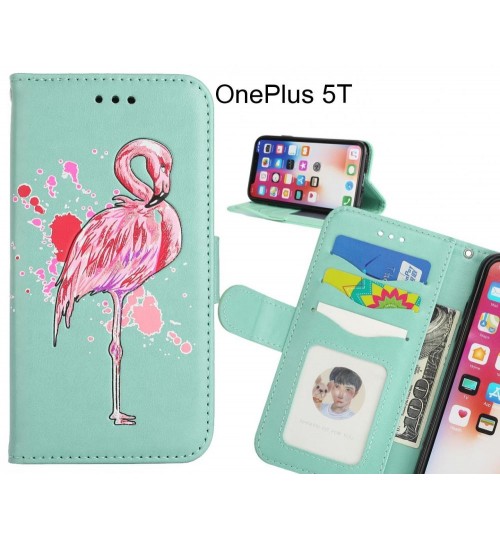 OnePlus 5T case Embossed Flamingo Wallet Leather Case