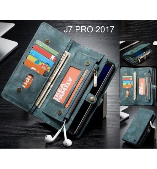 J7 Pro 2017 Case Retro Leather Multi Cards Cash Pocket &amp; Zip - Green