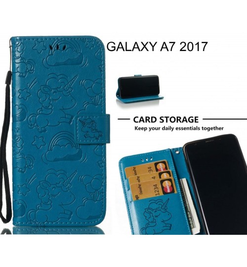 Galaxy A7 2017 Case Leather Wallet Case Embossed Unicon Pattern - Blue