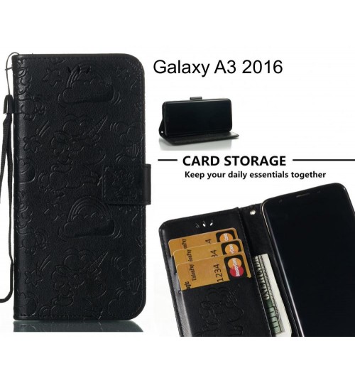 Galaxy A3 2016 Case Leather Wallet Case Embossed Unicon Pattern - Black