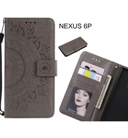 Nexus 6p Case Mandala Embossed Leather Wallet Case - Grey