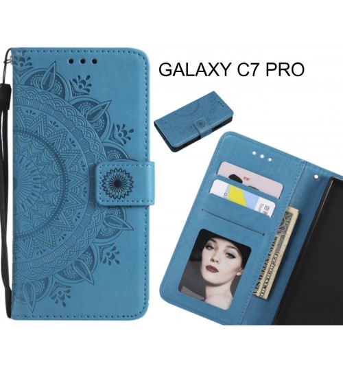 Galaxy C7 Pro Case Mandala Embossed Leather Wallet Case - Blue