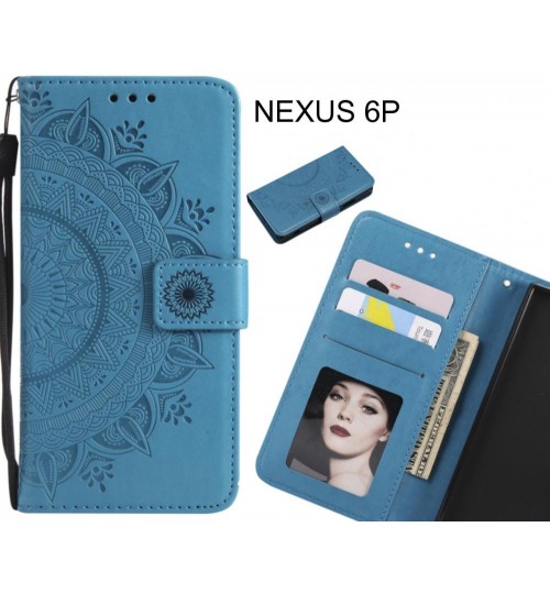 Nexus 6p Case Mandala Embossed Leather Wallet Case - Blue
