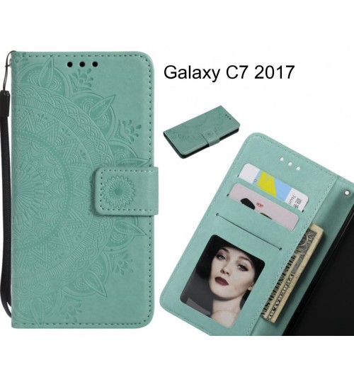 Galaxy C7 2017 Case Mandala Embossed Leather Wallet Case - Green