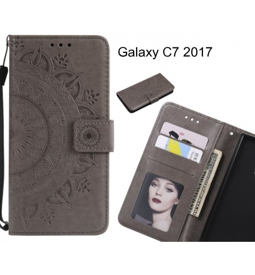 Galaxy C7 2017 Case Mandala Embossed Leather Wallet Case - Grey