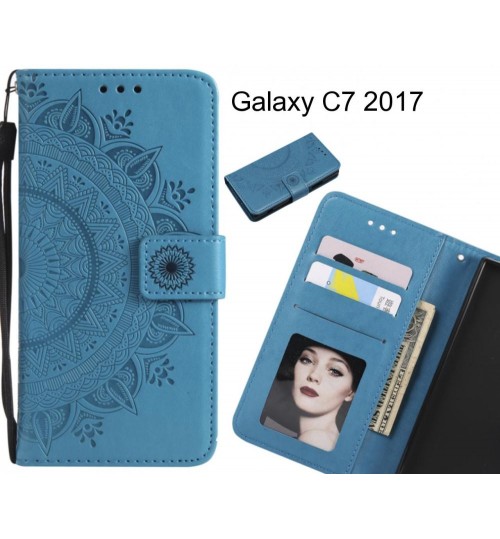 Galaxy C7 2017 Case Mandala Embossed Leather Wallet Case - Blue