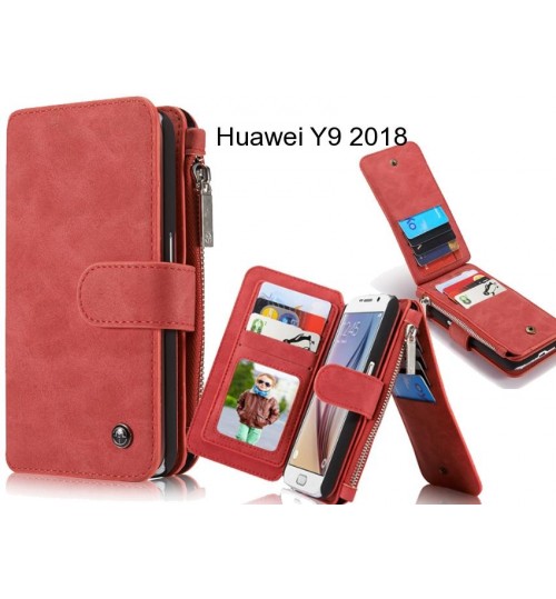 Huawei Y9 2018 Case Retro Flannelette Leather Case Multi Cards Zipper - Red