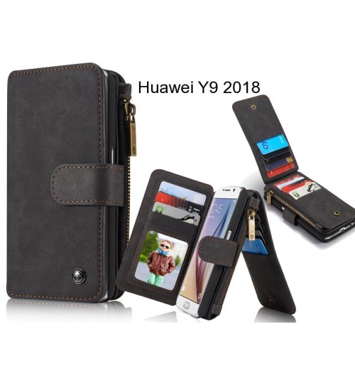 Huawei Y9 2018 Case Retro Flannelette Leather Case Multi Cards Zipper - Black