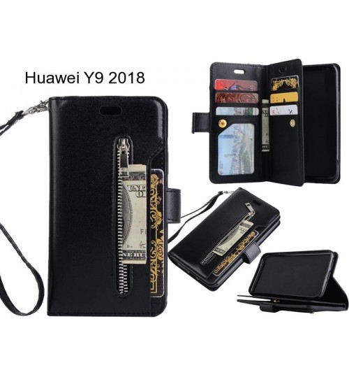 Huawei Y9 2018 Case 10 Cards Slots Wallet Leather Case With Zip - Black
