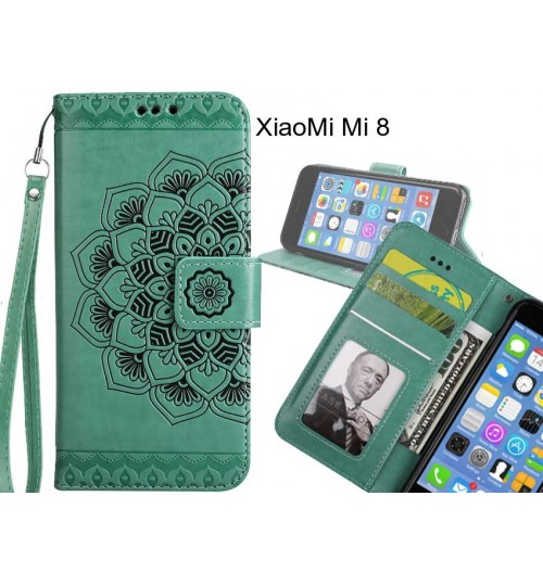 XiaoMi Mi 8 Case mandala embossed leather wallet case 3 cards lanyard case