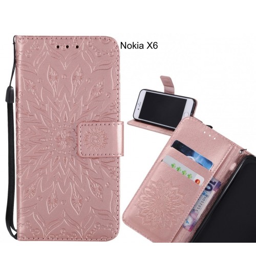 Nokia X6 Case Leather Wallet case embossed sunflower pattern