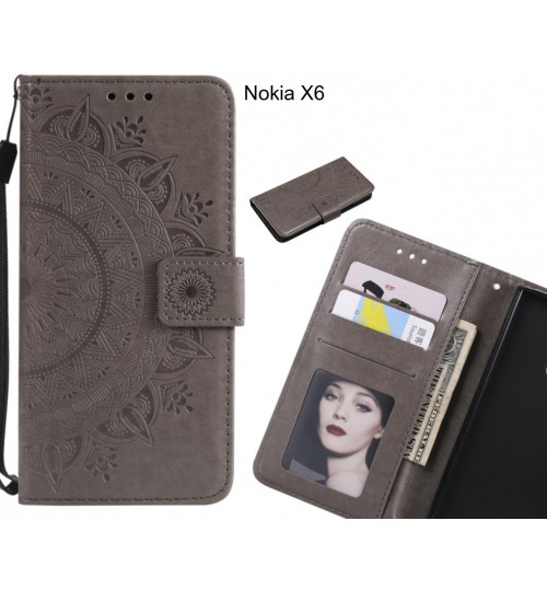 Nokia X6 Case Mandala Embossed Leather Wallet Case - Grey