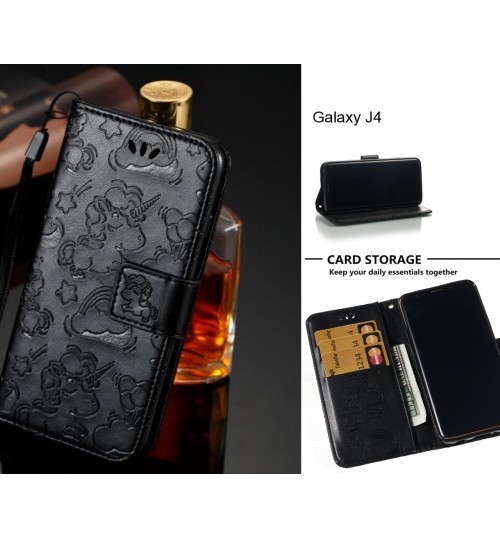Galaxy J4 Case Leather Wallet Flip Case Embossed Unicon Pattern - Black