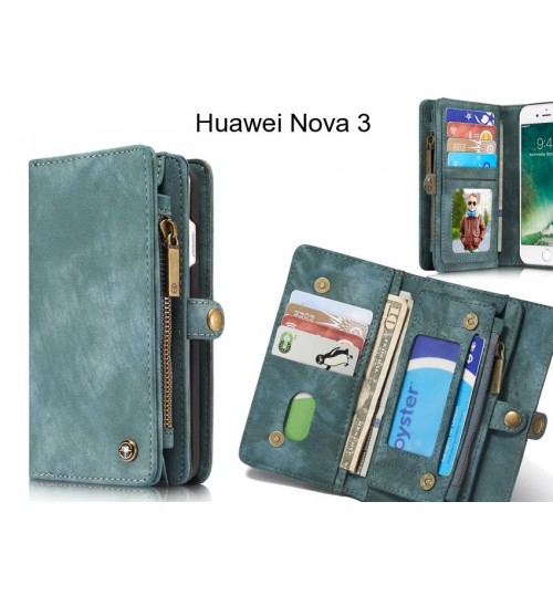 Huawei Nova 3 Case Retro Leather Case Multi Cards Cash Pocket & Zip - Green