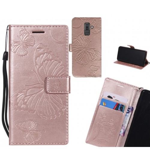 Galaxy J8 Case Embossed Butterfly Wallet Leather Case - Rose Gold