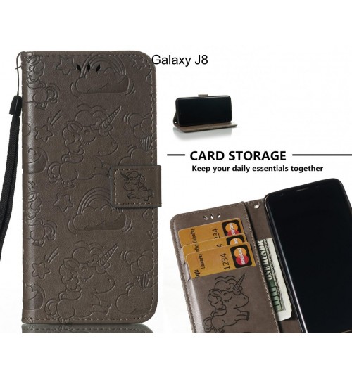 Galaxy J8  Case Leather Wallet Case Embossed Unicon Pattern - Grey