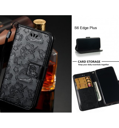 S6 Edge Plus Case Leather Wallet Flip Case Embossed Unicon Pattern - Black