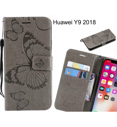 Huawei Y9 2018 Case Embossed Butterfly Wallet Leather Case - Grey