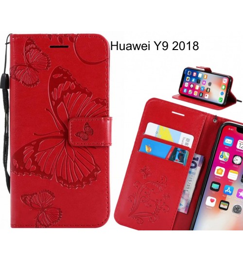 Huawei Y9 2018 Case Embossed Butterfly Wallet Leather Case - Red