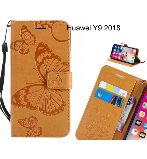 Huawei Y9 2018 Case Embossed Butterfly Wallet Leather Case - Brown