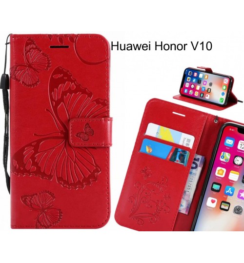 Huawei Honor V10 Case Embossed Butterfly Wallet Leather Case - Red