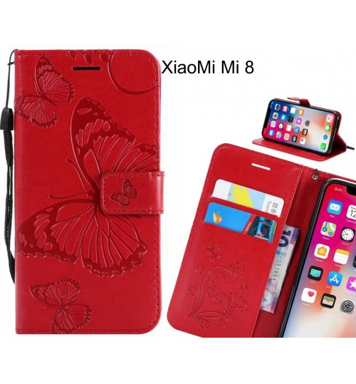 Xiaomi Mi 8 Case Embossed Butterfly Wallet Leather Case - Red