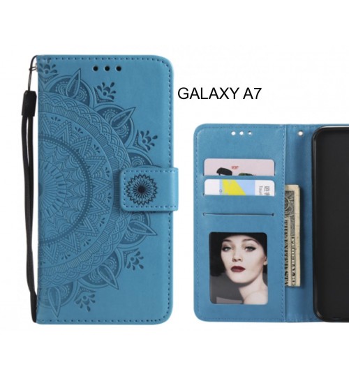Galaxy A7 Case Leather Wallet Case Mandala Embossed - Blue