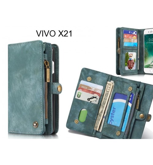 Vivo X21 Case Retro Leather Case Multi Cards Cash Pocket & Zip - Green