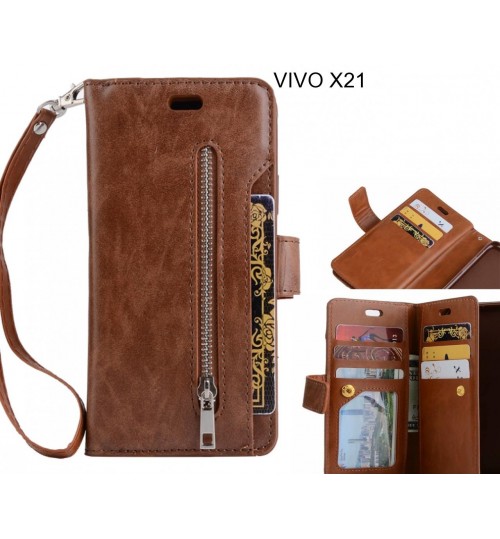 Vivo X21 Case 10 Cards Slots Wallet Leather Case With Zip - Brown