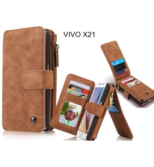Vivo X21 Case Retro Leather Case Multi Cards Cash Pocket & Zip - Brown