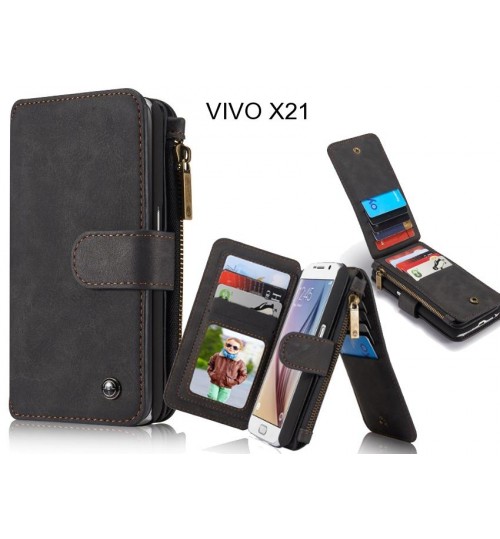 Vivo X21 Case Retro Leather Case Multi Cards Cash Pocket & Zip - Black