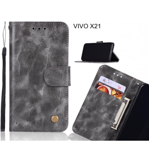 Vivo X21 Case Vintage Fine Leather Wallet Case - Grey
