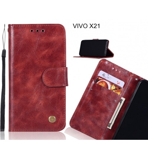 Vivo X21 Case Vintage Fine Leather Wallet Case - Dark Red