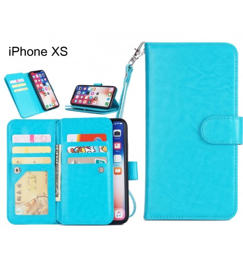 Iphone Xs Case Triple Wallet Leather Case 9 Card Slots - Blue
