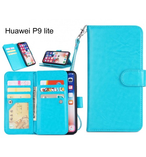 Huawei P9 Lite Case Triple Wallet Leather Case 9 Card Slots - Blue