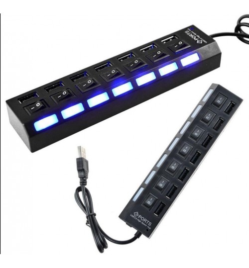 7 Port USB 2.0 Hub with On/Off Switches For Laptop PC with BLUE LED