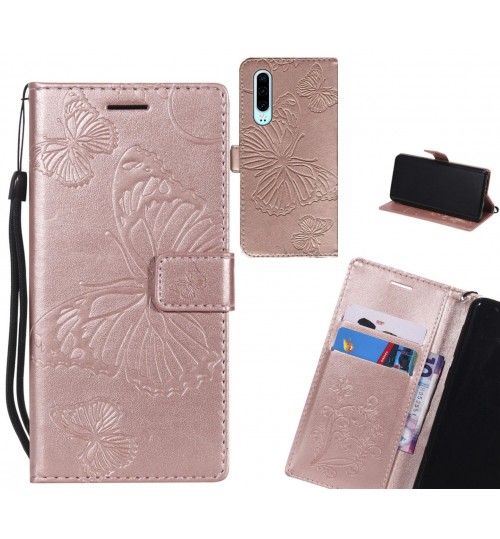 Huawei P30 Case Embossed Butterfly Wallet Leather Case - Rose Gold