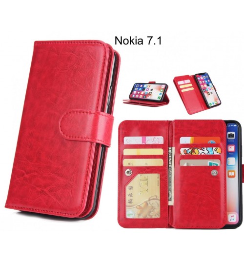 Nokia 7.1  Case Triple Wallet Leather Case 9 Card Slots - Red