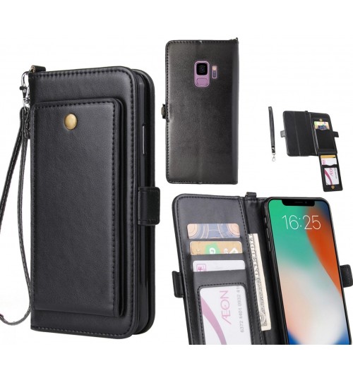 Galaxy S9 Case Retro Leather Wallet Case - Black