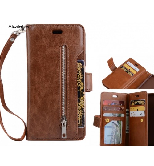 Alcatel 5v Case 10 Cards Slots Wallet Leather Case With Zip - Brown