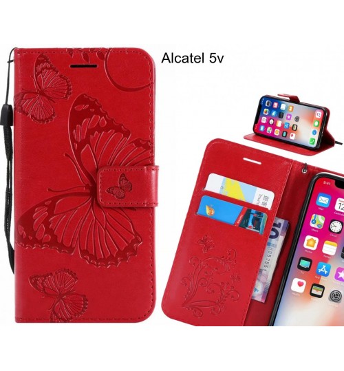 Alcatel 5v Case Embossed Butterfly Wallet Leather Case - Red