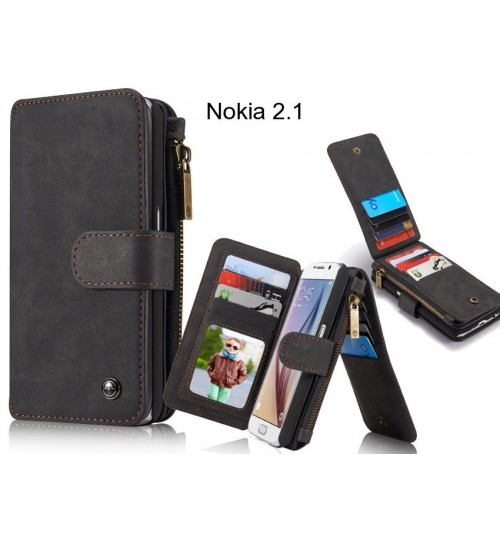 Nokia 2.1 Case Retro leather case multi cards cash pocket & zip