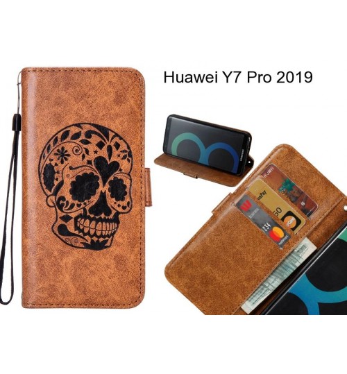 Huawei Y7 Pro 2019 case skull vintage leather wallet case