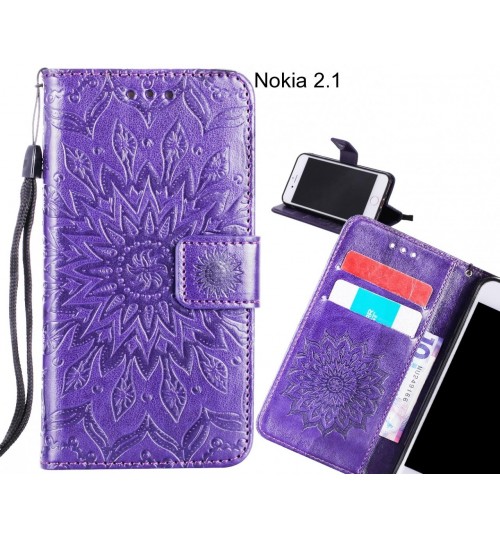 Nokia 2.1 Case Leather Wallet case embossed sunflower pattern