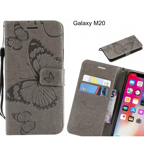 Galaxy M20 Case Embossed Butterfly Wallet Leather Case - Grey