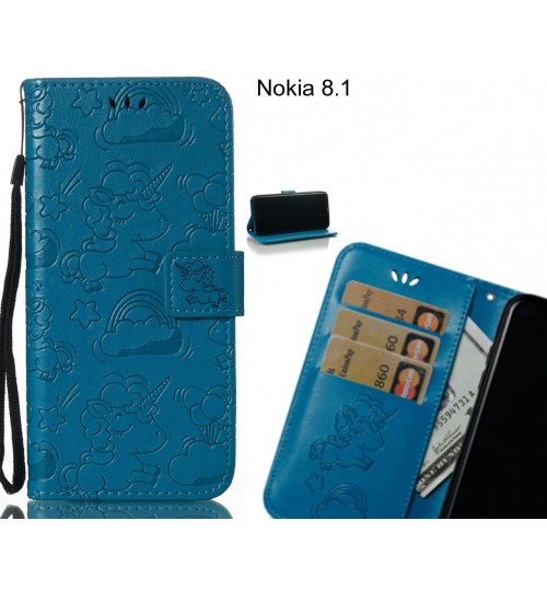 Nokia 8.1  Case Leather Wallet Case Embossed Unicon Pattern - Blue